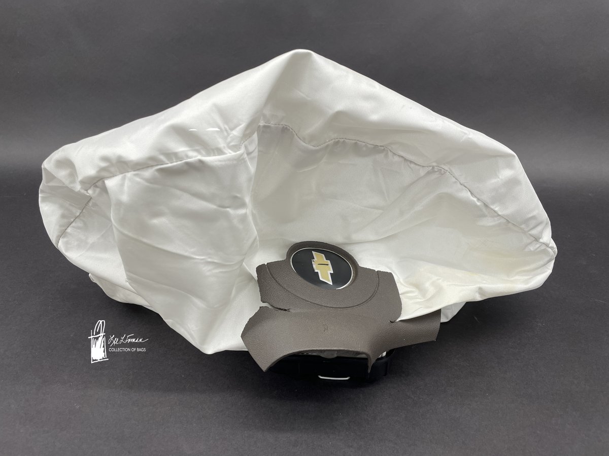 153/365: This deployed air bag was part of a 2016 rear-underride safety test conducted by the Insurance Institute for Highway Safety. The bag is from a 2010 Chevrolet Malibu LS which impacted the rear of a semi-trailer. There is still face paint on the bag that transferred from the dummy.