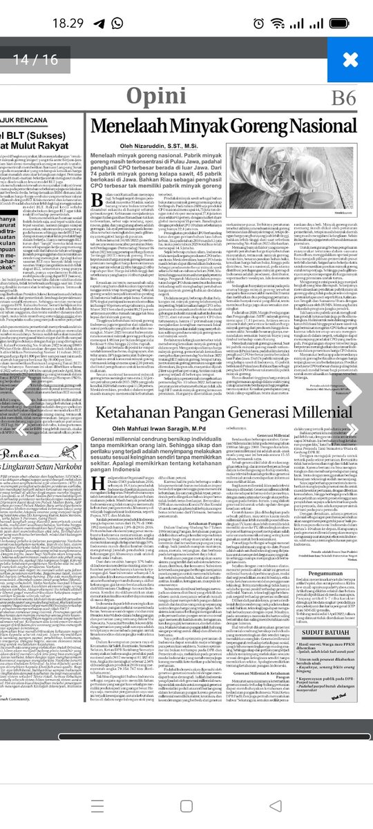 Tulisan di kolom opini Harian Waspada, Ketahanan Pangan Generasi Milennial,-