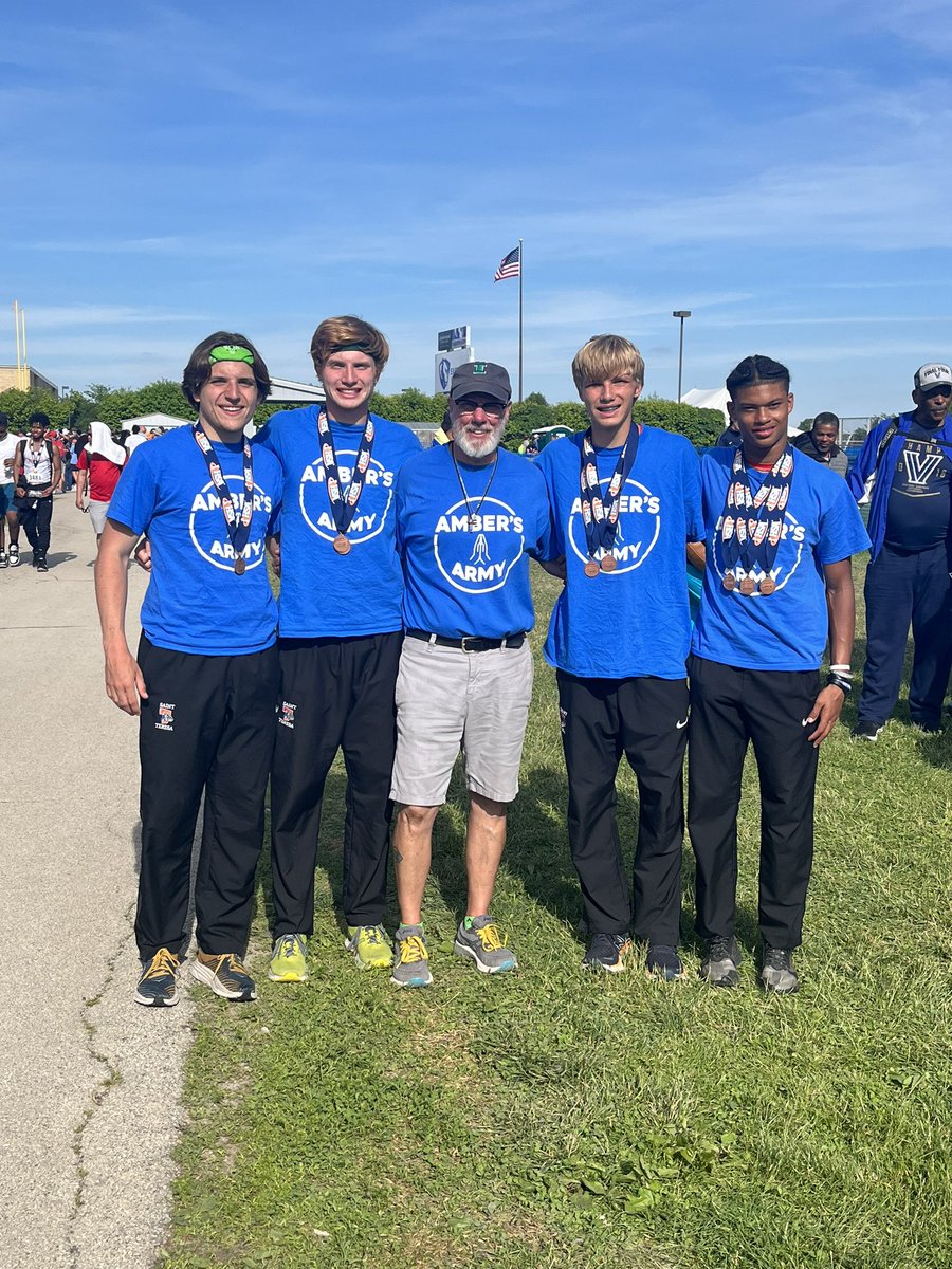 10 young men qualify for state in 8 different events. All 4 relays make it to finals, and all 4 earn medals.  During the two days of racing they set the school record in all of them. Great group of athletes, who know they are blessed by God and also were competing for Amber.