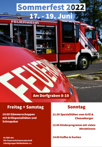 #Info der #Feuerwehr #Euskirchen
Die Löschgruppe #Weidesheim der Feuerwehr Euskirchen lädt zu ihrem traditionellen #Sommerfest vom 17. - 19. Juni nach Weidesheim am Gerätehaus ein.