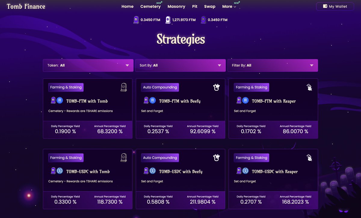 𝕊𝕥𝕣𝕒𝕥𝕖𝕘𝕚𝕖𝕤:

🪦 $TOMB Custom Strategy Guides 

🪦 Lending, Leveraging, Auto-compounding, Farming &amp; Staking 

🪦 Sort &amp; filter these based on a number of criteria

🪦 Simple step-by-step instructions

🪦 Live now on beta.tomb.com
