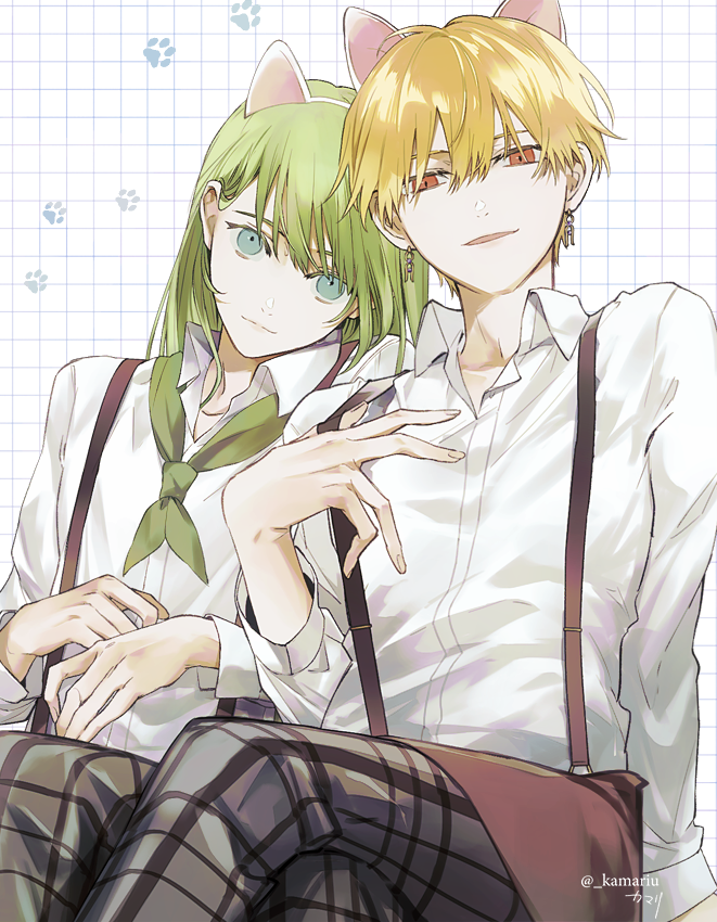 enkidu (fate) ,gilgamesh (fate) animal ears blonde hair earrings pants jewelry green hair shirt  illustration images