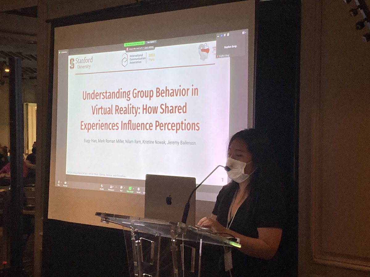 Great job! <a href="/eugyhan/">eugy</a>. presentation on VR and avatars showing increased presence, enjoyment  and group connections over time by <a href="/StanfordVR/">Stanford VR</a> #ica22