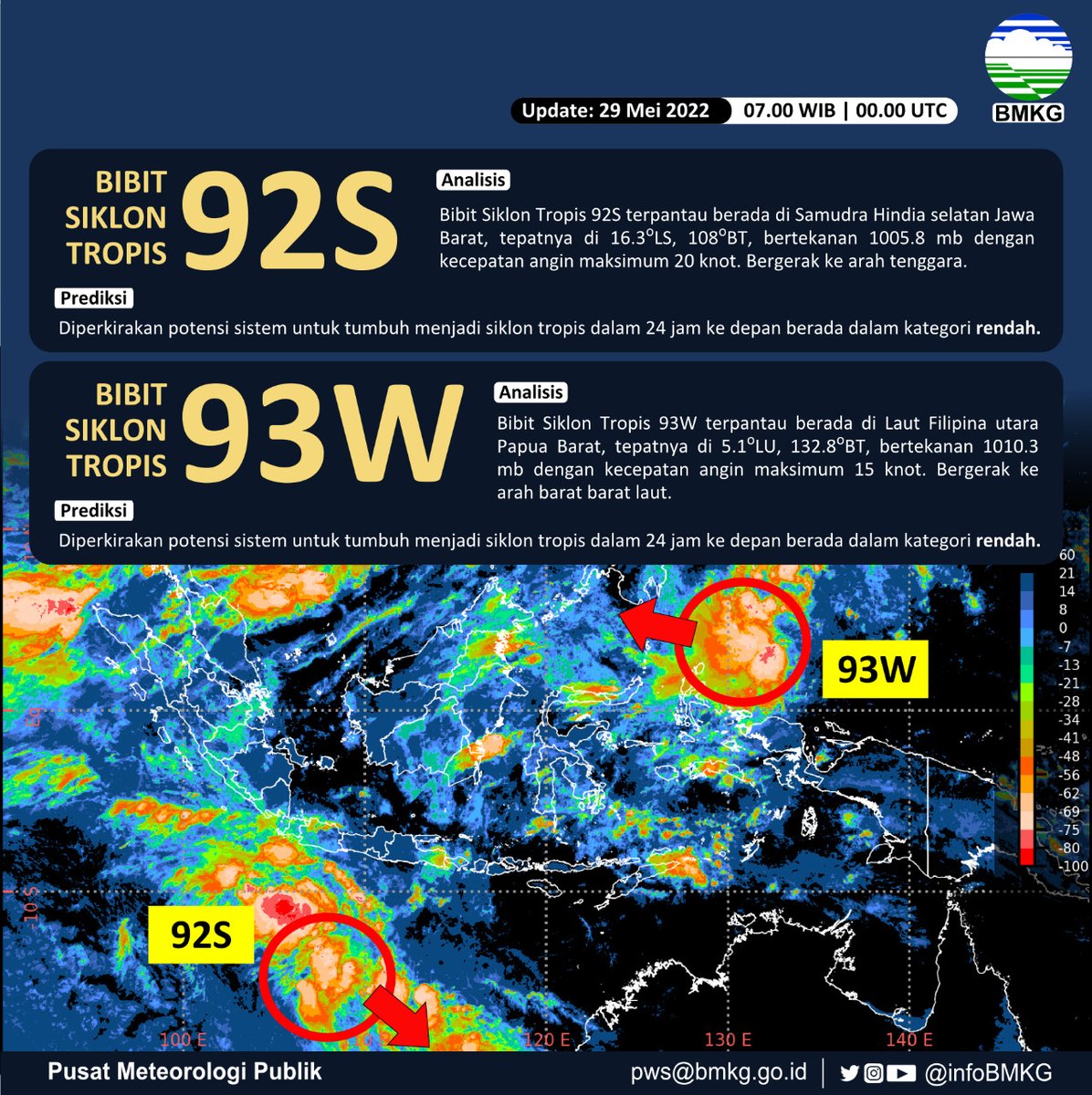 infoBMKG's tweet photo. Bibit Siklon Tropis 92S terpantau berada di Samudera Hindia selatan Jawa Barat.

Dan Bibit Siklon Tropis 93W terpantau berada di Laut Filipina utara Papua Barat.

#infobmkgpws #markicugrafis #29mei2022pws https://t.co/05TyVhxQMI