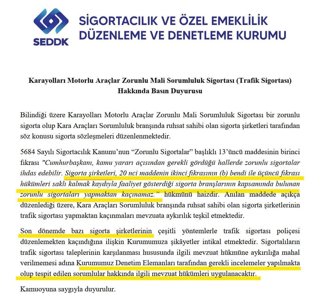 SEDDK'dan duyurulur...

#TrafikSigortası #Seddk