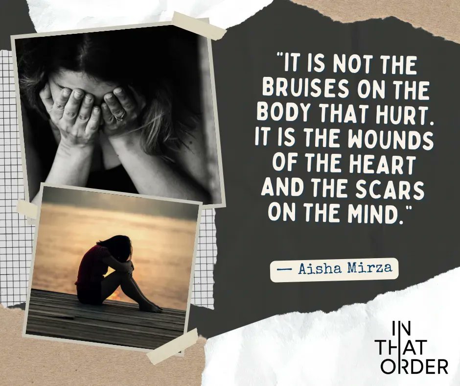 InThatOrderApp's tweet image. “It is not the bruises on the body that hurt. It is the wounds of the heart and the scars on the mind.” — Aisha Mirza
inthatorder.app

#mentalhealth #mentalhealthawareness #mentalhealthsupport #student #mentalhealthapp #inthatorderapp #depression #selfcare