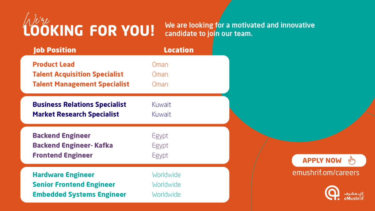 We don’t care where you’re from or where you’re at! You’re welcome here!

eMushrif is growing rapidly and is on the hunt for more talents to join the family from all around the world 🌍

Apply now: emushrif.om/careers/

 #إي_مشرف #emushrif #اي_مشرف #وظائف #job #career
