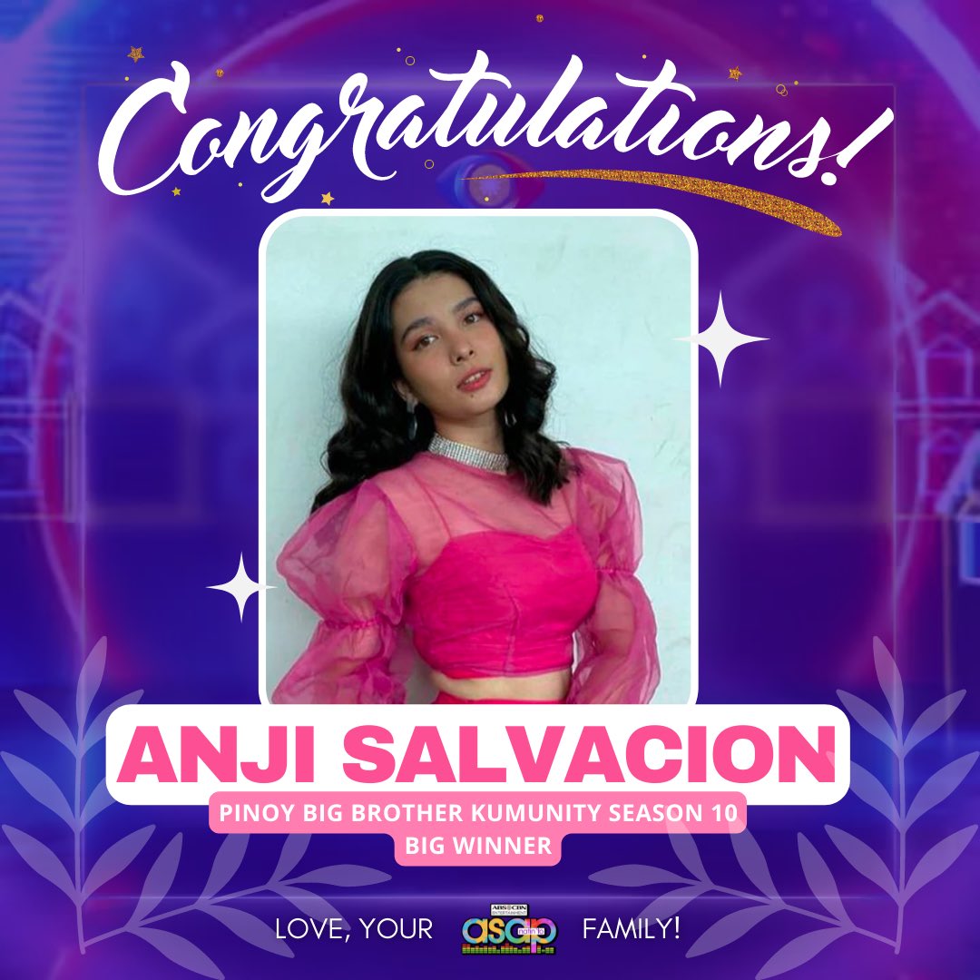 ASAPOfficial's tweet photo. Congratulations Pinoy Big Brother Kumunity Season 10 BIG WINNER, Anji Salvacion! We are proud of you!✨ #PBBKumuBigNight https://t.co/fI0xG5xjy7