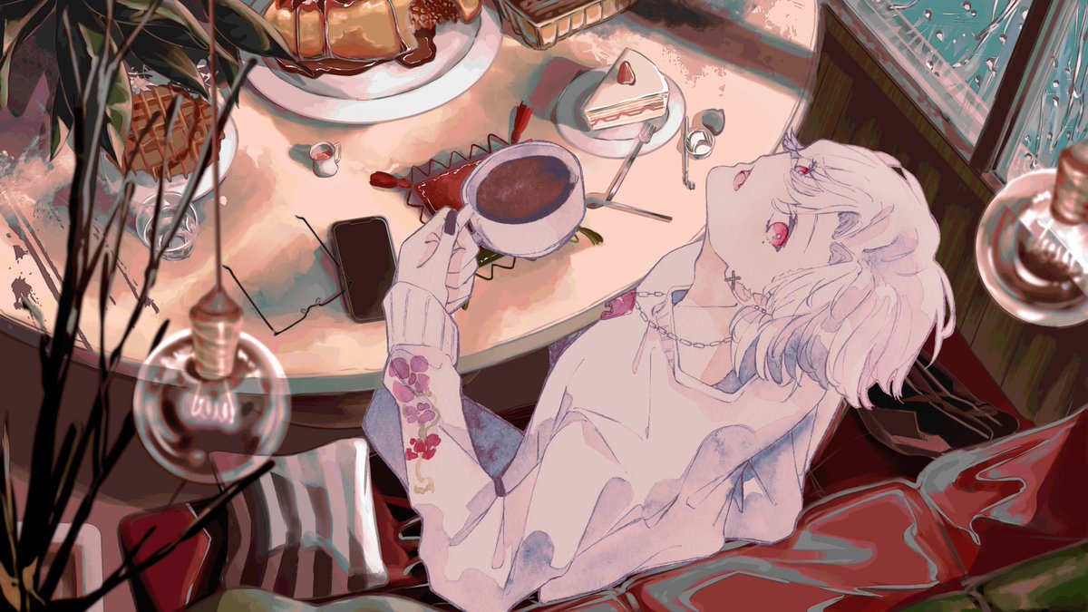 cup food white hair solo male focus fork 1boy  illustration images