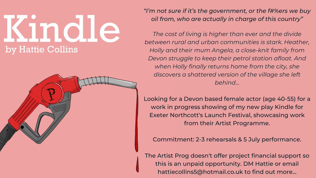hattiecollins5's tweet photo. CASTING CALL 🤩 I am looking for a Devon based female actor (age 40-55) for a work in progress performance of my new play Kindle for @ExeterNorthcott's Launch Festival. More information below. DM me or email hattiecollins5@hotmail.co.uk if interested.

#CastingCall #Devon #Exeter https://t.co/cD6wGt8O2a