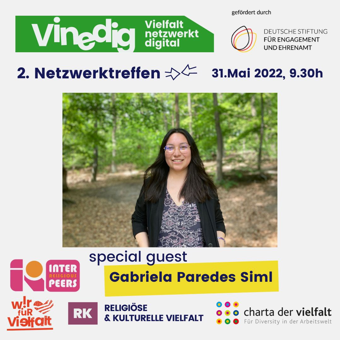 WirfuerVielfalt's tweet photo. Gabriela Paredes Siml (#interreligiousPeers) &amp; 
@Friese_jasmin (@arbeiterkind) werden am 31.Mai beim 2.ViNeDig-Netzwerk-Treffen zu den #Vielfalt-Themen interreligiösen Dialog &amp; soziale Herkunft interviewt. 

Anmeldung: https://t.co/Lrrh5r3BwM

Dank: @D_S_E_E &amp; #FlaggeFürVielfalt https://t.co/7ikCtFWS6d