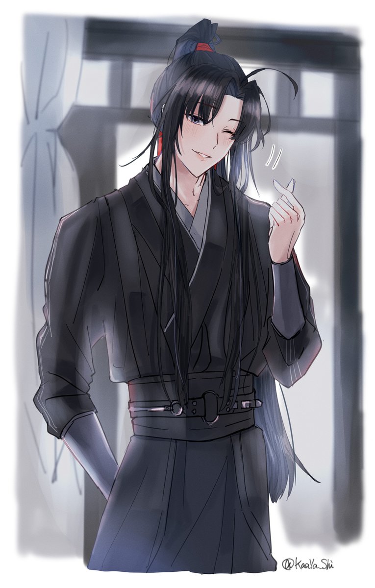 1boy male focus long hair black hair solo chinese clothes one eye closed  illustration images