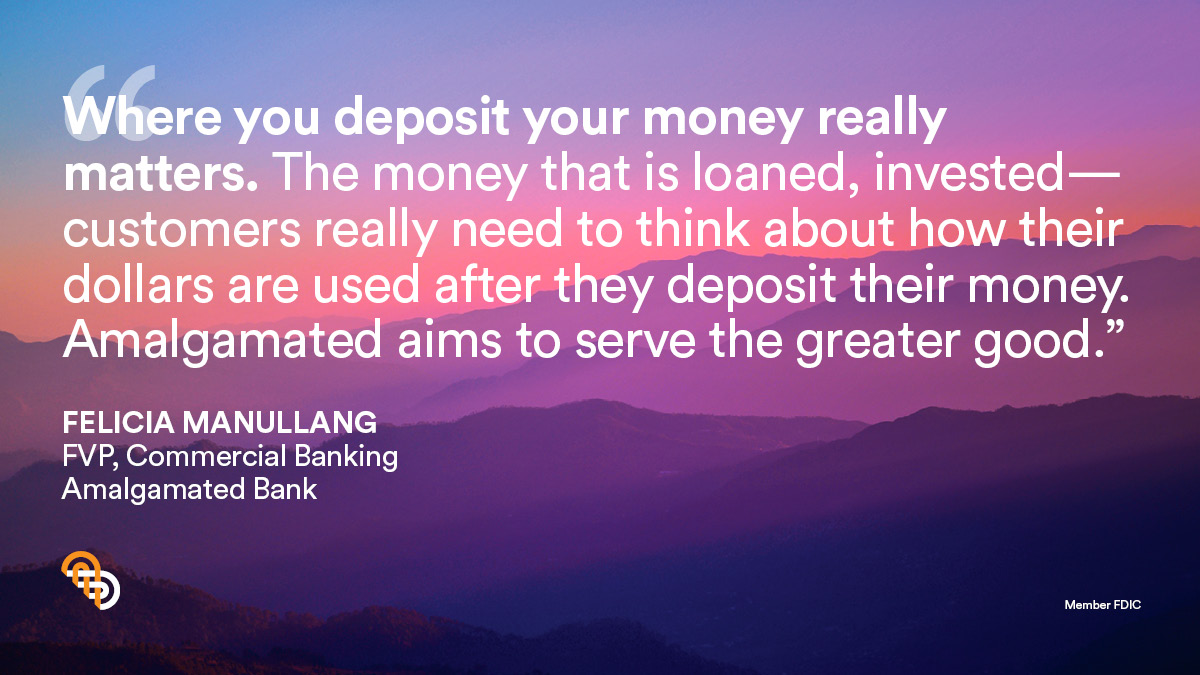 AmalgamatedBank's tweet photo. ๐ฆ #BankYourValues
In the words of Felicia Manullang, our FVP, Commercial Banking - we aim to serve the greater good.
As America's most #sociallyresponsible bank, we invite you to consider how your cash is used after depositing it.
Learn more about us: https://t.co/kMMVRHYmE6 https://t.co/I9FiI5kcj0