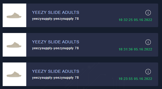 A little late but 3 pairs of slides 
Thanks to:

Bot: <a href="/MEKRobotics/">MEKAIO</a>
Proxies: <a href="/BreadProxy/">BreadProxy</a> @Leafproxies
Gmails: Personally Farmed
Cook Group: @SofloSupply <a href="/polarchefs/">Polar Chefs</a>