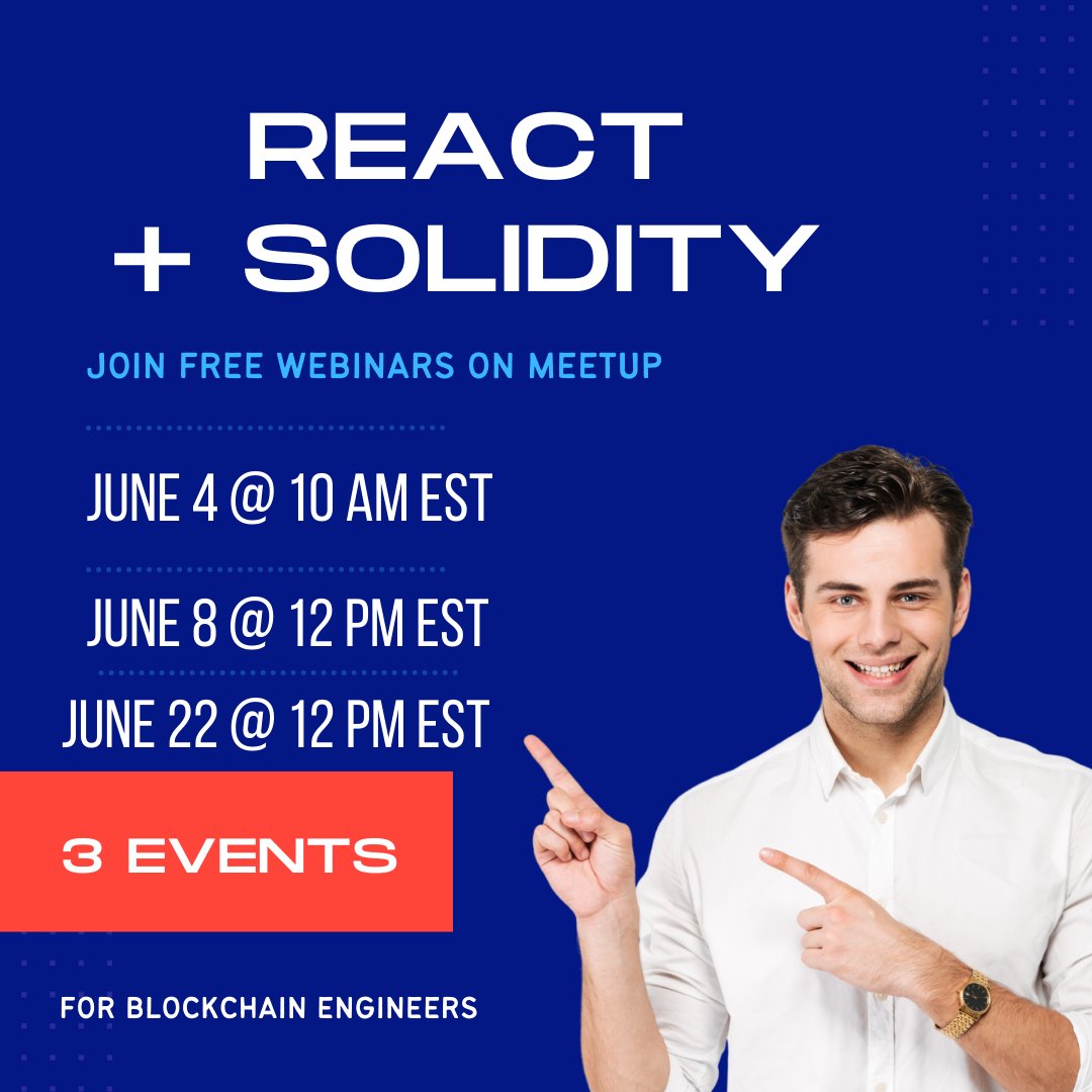 dcwebmakers's tweet image. Join our 3 new #webinars on #Solidity & #reactjs
#1 Intro to Solidity- June 4, 10 AM EST: meetup.com/javascript-dc/…
#2 Intro to React- June 8, 12 PM EST: meetup.com/javascript-dc/…
#3 Solidity Q/A- June 22, 12 PM EST: meetup.com/javascript-dc/…
#web3 @code4dc @Gorealb @MyHSTS