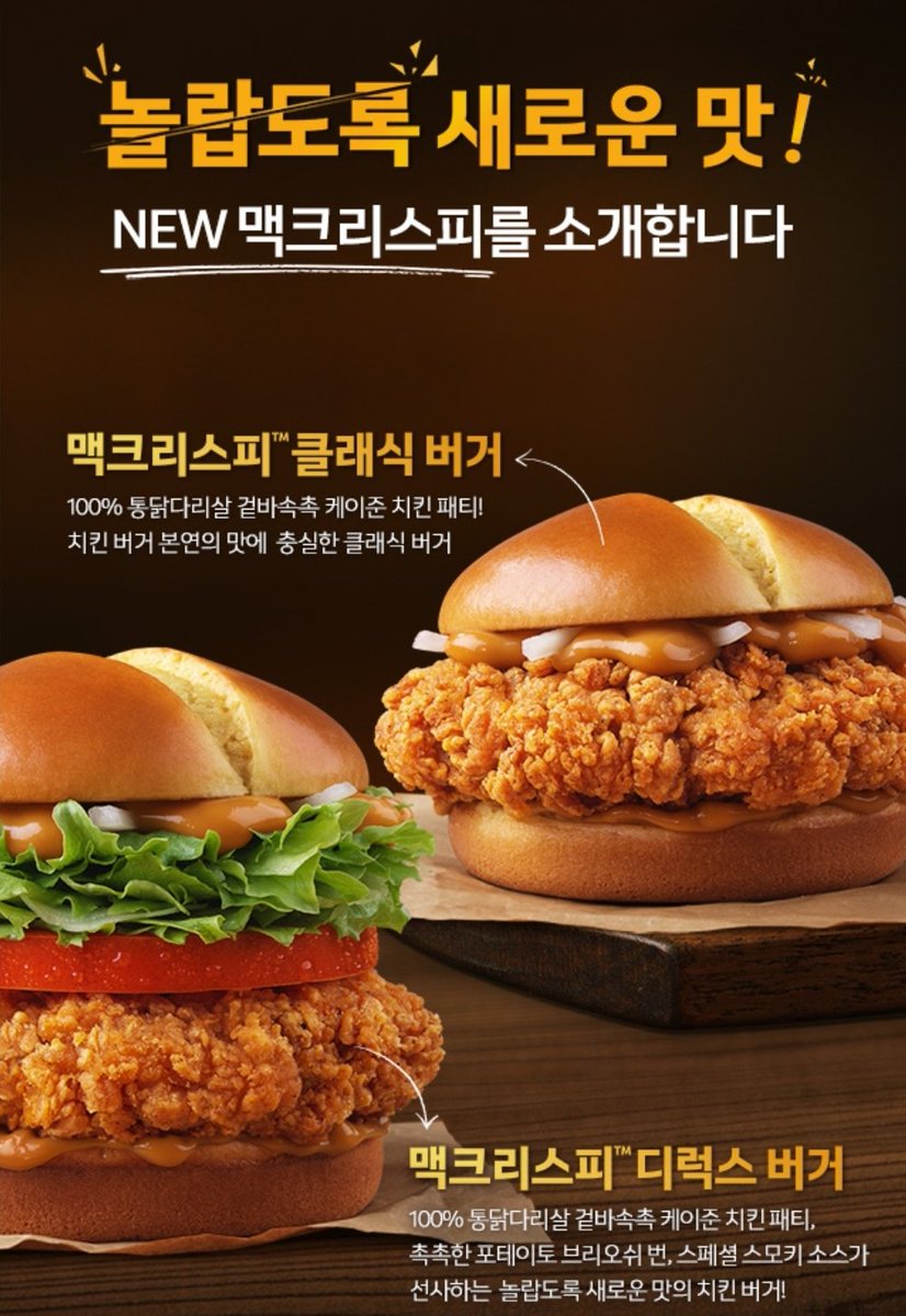 mc_teamleader's tweet photo. 이번에 닭다리살 패티가 들어간 버거가 새롭게 출시되었습니다..! 두 버거 모두 생양파가 기본으로 들어가고 디럭스와 달리 클래식버거엔 양상추가 들어가지않습니당
>>맥런치(10:30-14:00)시간 기준
 맥크리스피 클래식 M6000 L6600
 맥크리스피 디럭스 M6800 L7400 https://t.co/S3cS44ZVtc
