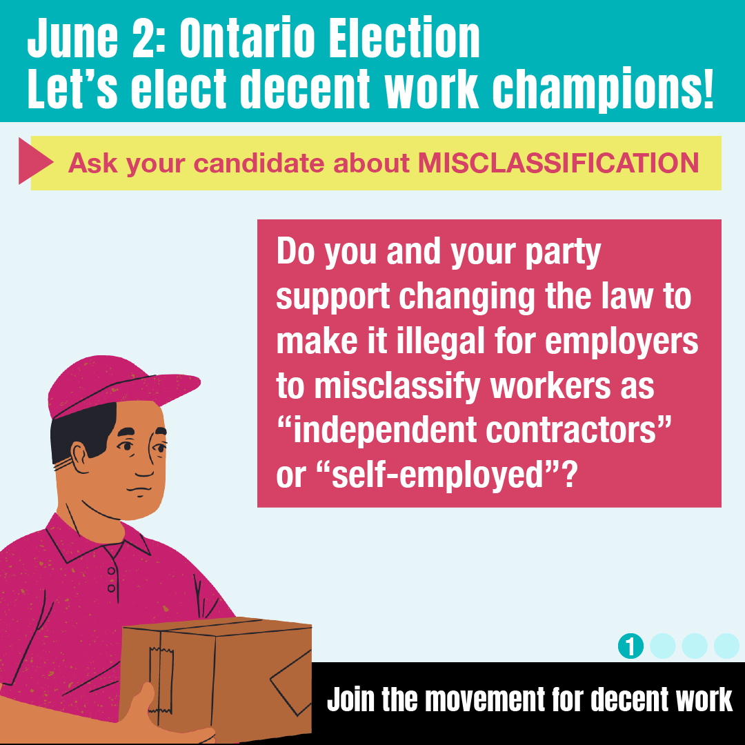 fairwagesnow's tweet photo. Are you ⁉️
➡️ An #Uber worker
➡️ Security guard
➡️ Cleaner
➡️ Health care worker
without basic rights or CPP or EI because they say you’re “self-employed”, not an employee?
#ONelxn - VOTE to end misclassification. Here's how: https://t.co/rXEds8bOkI 
 
#Justice4Workers #onpoli https://t.co/W1mv8fgqZx
