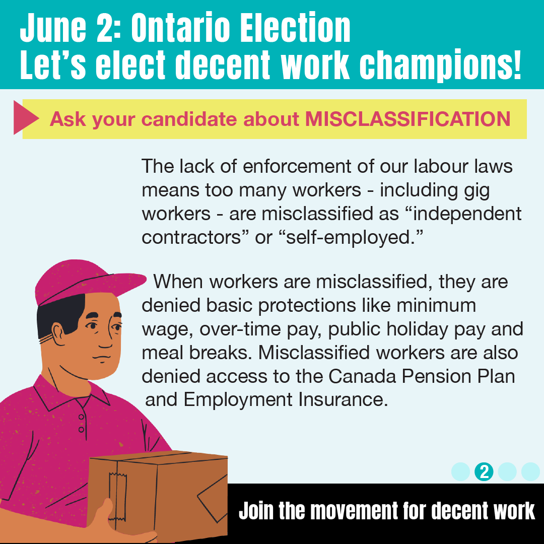 fairwagesnow's tweet photo. Are you ⁉️
➡️ An #Uber worker
➡️ Security guard
➡️ Cleaner
➡️ Health care worker
without basic rights or CPP or EI because they say you’re “self-employed”, not an employee?
#ONelxn - VOTE to end misclassification. Here's how: https://t.co/rXEds8bOkI 
 
#Justice4Workers #onpoli https://t.co/W1mv8fgqZx