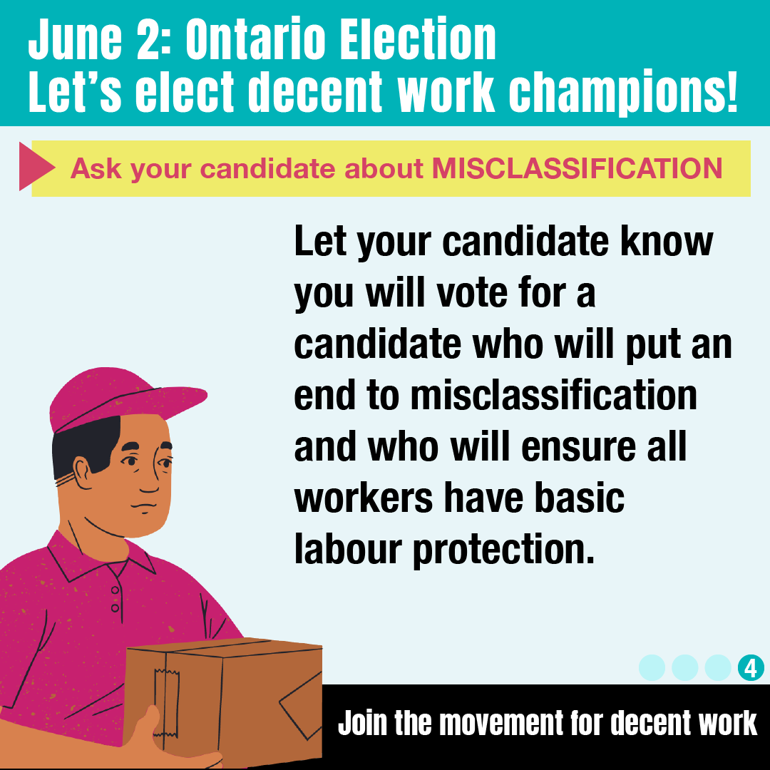 fairwagesnow's tweet photo. Are you ⁉️
➡️ An #Uber worker
➡️ Security guard
➡️ Cleaner
➡️ Health care worker
without basic rights or CPP or EI because they say you’re “self-employed”, not an employee?
#ONelxn - VOTE to end misclassification. Here's how: https://t.co/rXEds8bOkI 
 
#Justice4Workers #onpoli https://t.co/W1mv8fgqZx