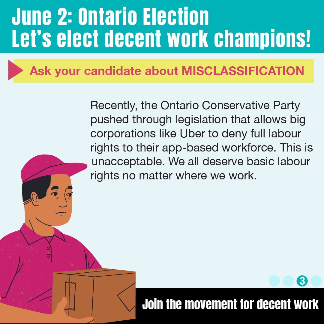 fairwagesnow's tweet photo. Are you ⁉️
➡️ An #Uber worker
➡️ Security guard
➡️ Cleaner
➡️ Health care worker
without basic rights or CPP or EI because they say you’re “self-employed”, not an employee?
#ONelxn - VOTE to end misclassification. Here's how: https://t.co/rXEds8bOkI 
 
#Justice4Workers #onpoli https://t.co/W1mv8fgqZx