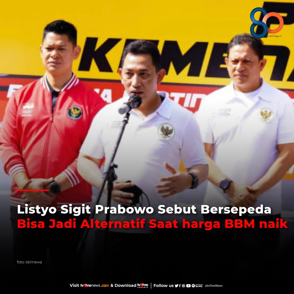 tvOneNews's tweet photo. Ketua Umum Pengurus Besar Ikatan Sport Sepeda Indonesia , Jenderal Polisi Listyo S Prabowo, mendorong pengembangan budaya bersepeda sebagai alternatif saat harga BBM naik.

Simak berita selengkapnya di https://t.co/TPU44wQrri
#NewsOne #CariBeritaditvOne #bersepeda #BBMd https://t.co/OmhJNJhxab