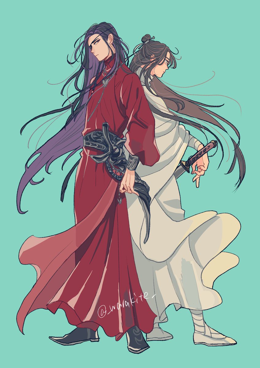 2boys multiple boys long hair robe chinese clothes black hair weapon  illustration images