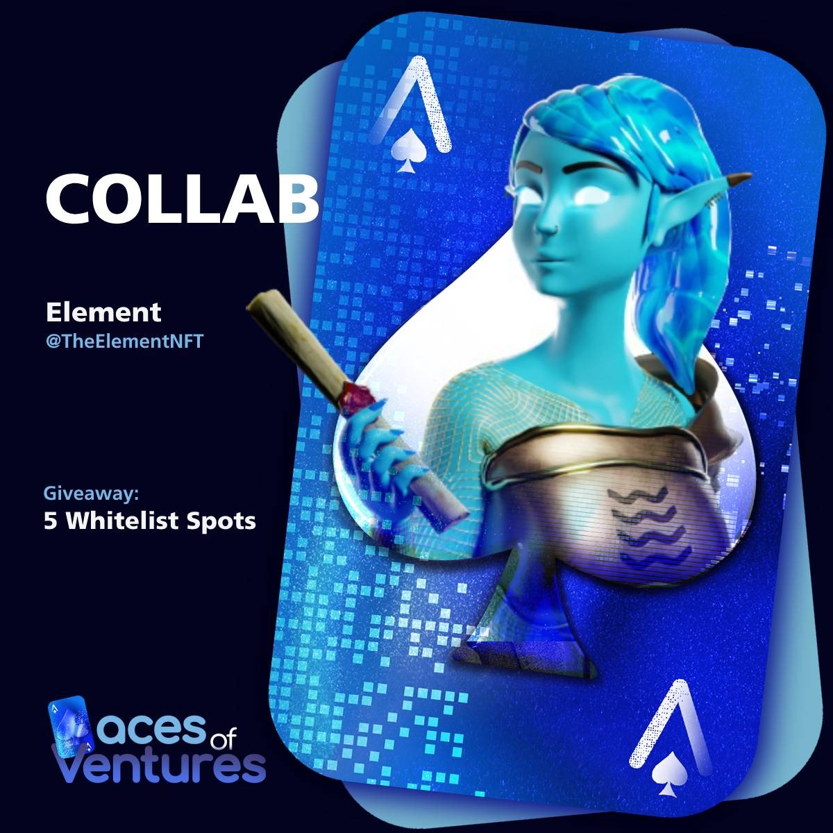 AcesofVentures's tweet photo. 🎁10x Whitelist Giveaway🎁

♥️ 5x @TheElementNFT WL
♠️ 5x @AcesOfVentures WL

♦️ To Enter:
1- Join Discord Servers
https://t.co/ZWvKRTFRGB
https://t.co/em3hKiDGgE 
2- Follow
@AcesOfVentures
@TheElementNFT
3- Like &amp; Re-Tweet
4- Tag 3 friends

♣️ Winners will be announced in 48h https://t.co/l1Rx0L8Evp