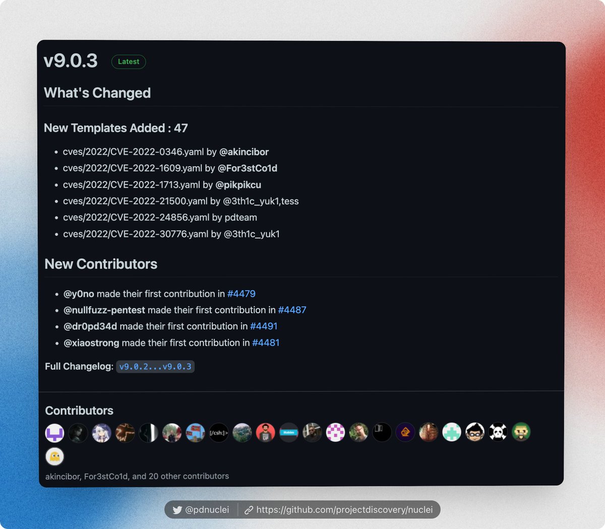 pdnuclei's tweet photo. Nuclei Templates v9.0.3 release update 🔊

✅ 47 New Templates
⭐️ 22 Contributors
🗒 Changelog: https://t.co/ltoyFbK5wi

#hackwithautomation #appsec #security #bugbounty https://t.co/yBWLJr2663