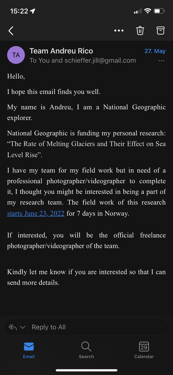 TomasDerner's tweet photo. @AndreuRico3 Hello Andreu FYI. This email and an offer arrived this weekend  pretending to be you.

#nationalGeography #scam #scammers @NatGeo https://t.co/SNB4Rodfhr