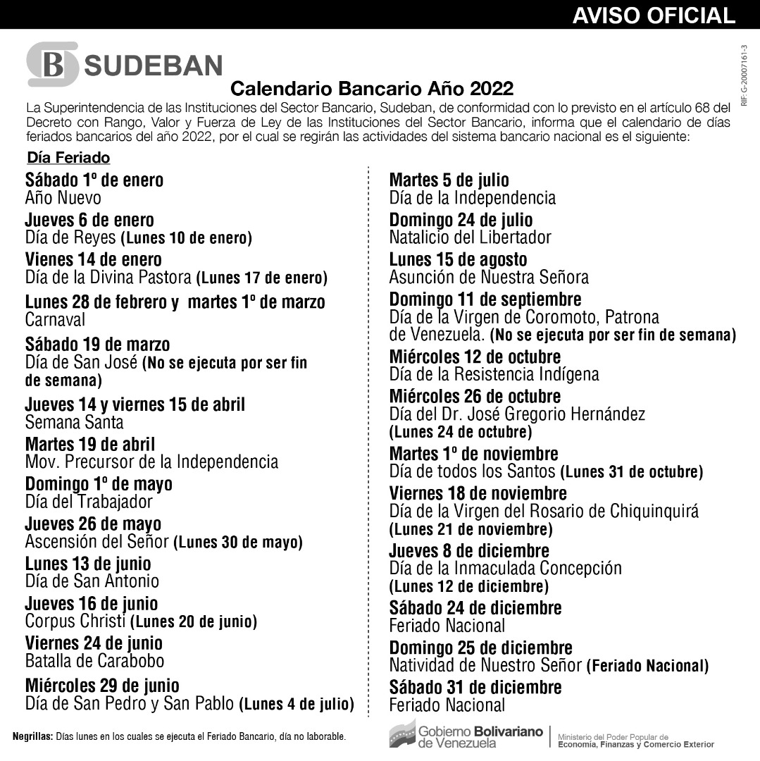 #DeInterés || #Sudeban pone a la disposición de toda la ciudadanía, el calendario de días feriados bancarios del año 2022. 

#Sudeban #SectorBancario #SupervisandoEnRevolución #CalendarioBancario #DiálogoEntreIguales