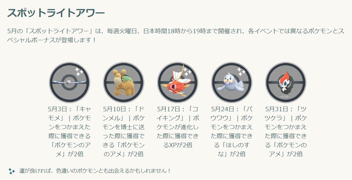 ポケモンgo攻略 Gamewith 5月31日のスポットライトアワーについて 5月31日に開催予定のスポットライトアワーのボーナスの記載が公式サイトで更新されています 現在は ポケモンを捕まえたときの経験値が2倍 になっているため正しいボーナスはこちら