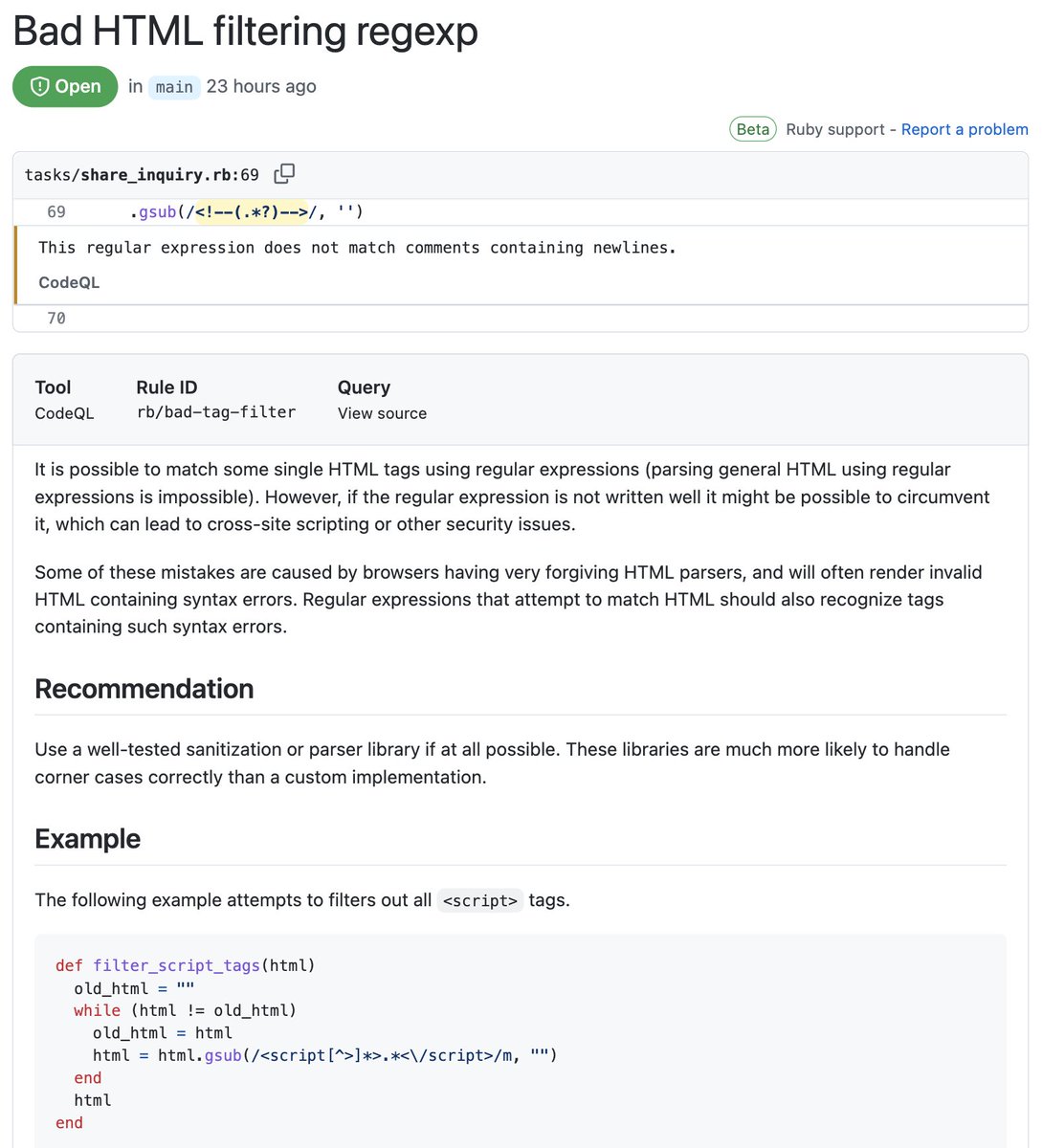 yasulab's tweet image. 今さらながら知ったんですが、GitHubの公開リポジトリではコードをスキャンして、

「ココのコードは書き直すと良いよ!」
「こういう場面になったとき危険だよ!」
「具体的なサンプルコードも示しておくね!」

って丁寧に教えてくれる機能があるんですね 😂 コードを書けば書くほど勉強になる...!!💪💖