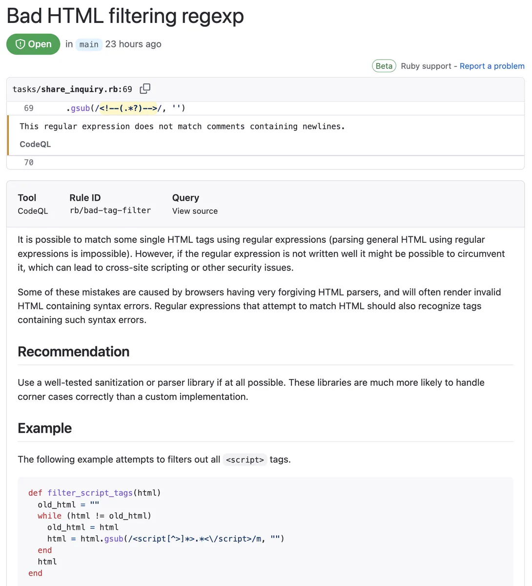 GitHub CodeQL Example - Bad HTML filtering REGEX