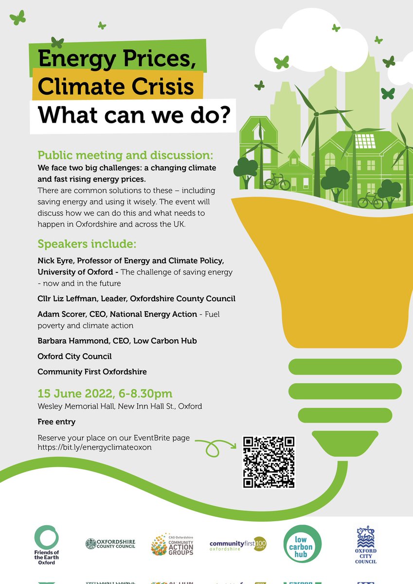 PUBLIC MEETING AND DISCUSSION: 
Poster for 2 big challenges we face: fast rising energy prices and a changing climate. What can we do?
Local and national speakers.

Free entry: reserve your place on Eventbrite...
bit.ly/energyclimateo…

<a href="/OxTweets/">OxTweets</a> 
#EnergyPrices #ClimateCrisis