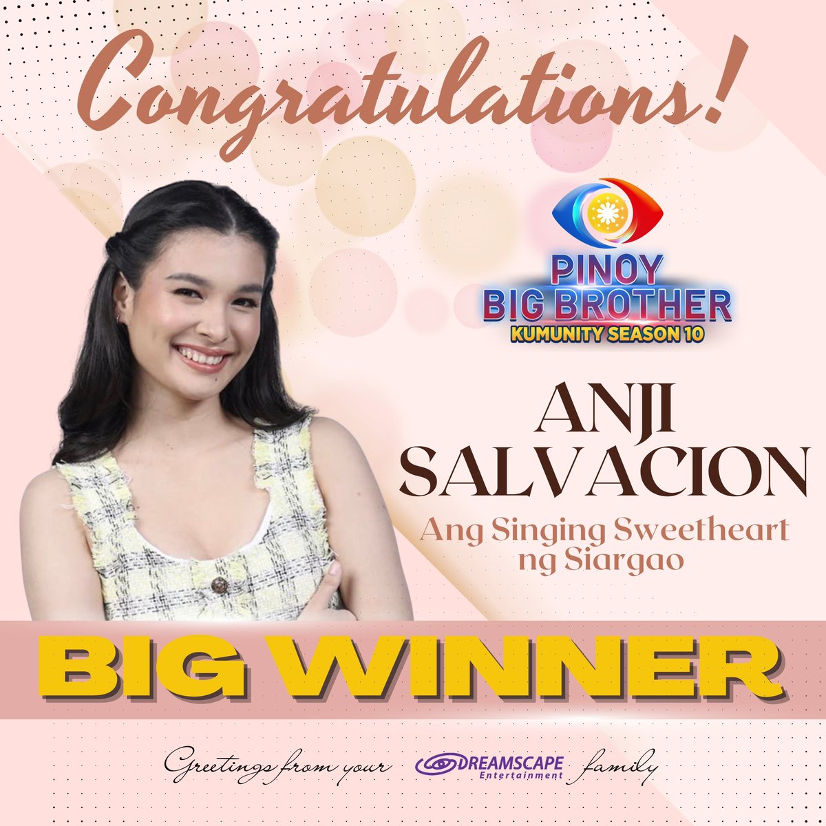 DreamscapePH's tweet photo. Congratulations @anjisalvacion #PinoyBigBrother Kumunity Season 10 BIG WINNER! 

We’re so proud of you! #PBBKumuBigNight @PBBabscbn https://t.co/Y99FepCjXL