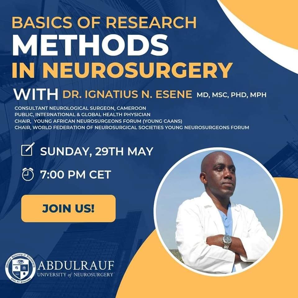 ignatiusesene's tweet image. Coming up this evening.....

#Basics of #Research_Methods in #Neurosurgery.  

🗓️ Date &amp;amp; Time: Sunday, 29th of May, 7:00 PM (CET) (17 GMT)
🔗 Webinar&apos;s Link:
us02web.zoom.us/j/7869631678?p…