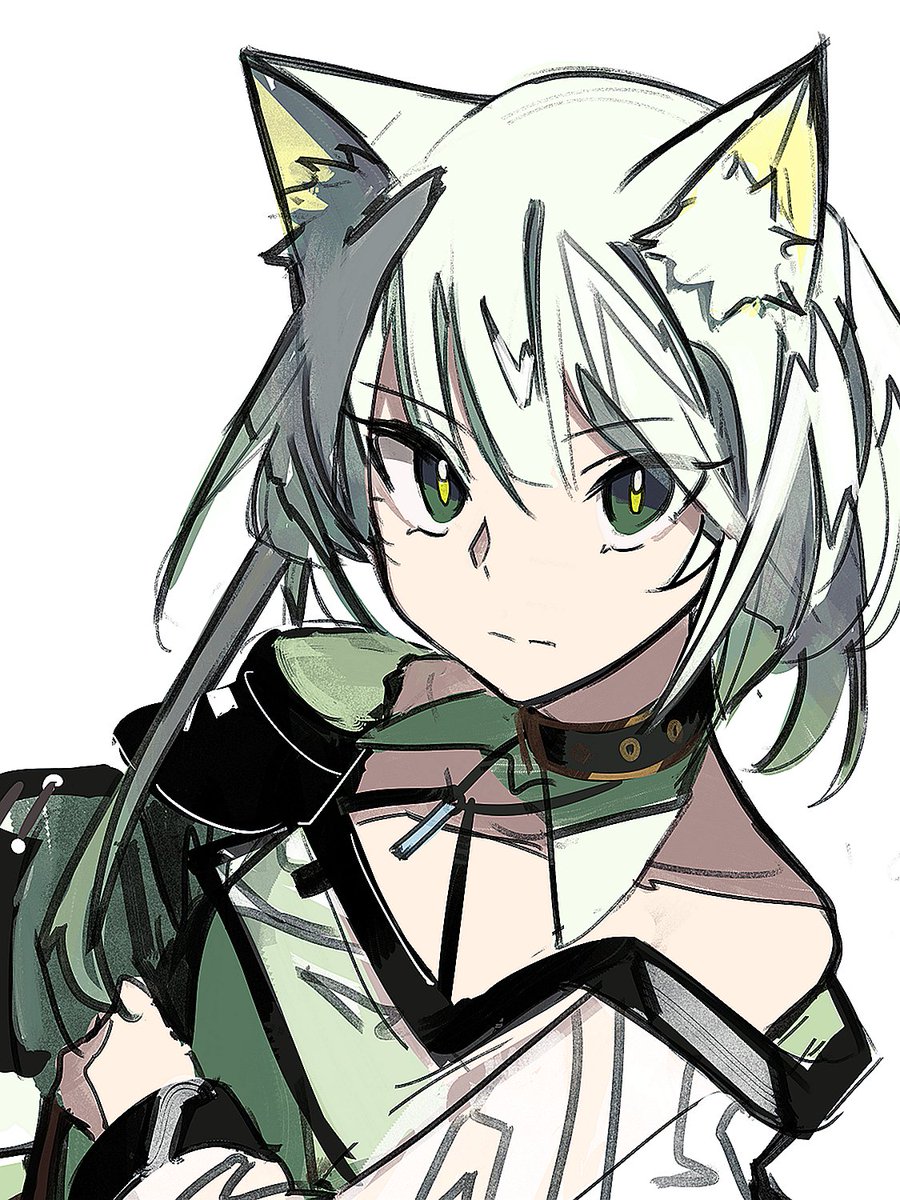 kal'tsit (arknights) 1girl animal ears solo green eyes white background green dress cat ears  illustration images