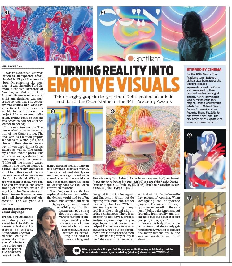 Visual artist <a href="/KhyatiTrehan/">Khyati Trehan</a> is one of the eight artists from across the world who collaborated with <a href="/TheAcademy/">The Academy</a> on a project. Trehan created a representation of the #Oscar statue based on "the immersive power of #films". 

✍️: <a href="/AnjaniChadha/">Anjani</a>

Full story: shorturl.at/gvQU8