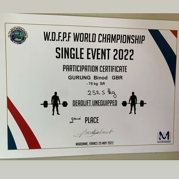 ArmySportASCB's tweet photo. Many Congratulations to LCpl Binod Gurung on his 2nd place 🥈 at the WDFPF World Championships in France. 

Fantastic result, 252.5 KG Deadlift 

@British_APU @UKArmyLogistics #ArmyPowerlifting #BritishArmySport
#bdfpa https://t.co/sbMCN9OJi9