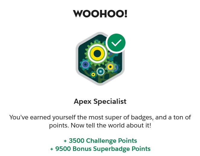 HussainD_H's tweet photo. Just earned the Apex Specialist badge on @Trailhead and you should too! https://t.co/DKrvtvMa1X 
@salesforce 
@satyagoluguri 
@MVGRCEA 
@amandabauman 
@Bhanz19 
@SfdcKiran 
@kavindrapatel https://t.co/JT4OoIcDkI