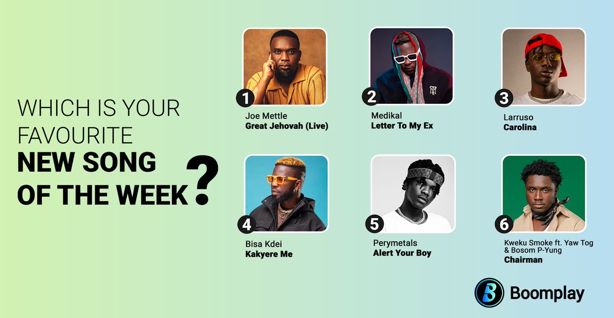 BoomplayGhana's tweet photo. We had massive bangers last week 🤩 and it’s time to vote for your favorite #NewSongOfTheWeek . Which new song are you already in love with 😍? Drop your favorite in the comment section below.
#MusicForYou #musicstreamingapp #HomeOfMusic #NewMusic https://t.co/titWUfgS6x