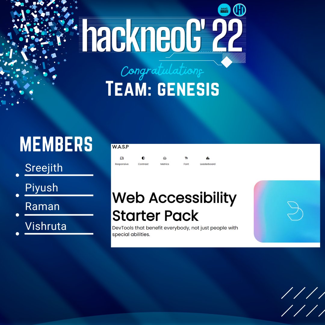 neogcamp's tweet photo. Congrats to Team Genesis! Excellent Project @Srejitk @vishruta_patil @piyushdas98 & Raman💯
#hackneoG #neogcamp #Winners https://t.co/snD9AthPSb