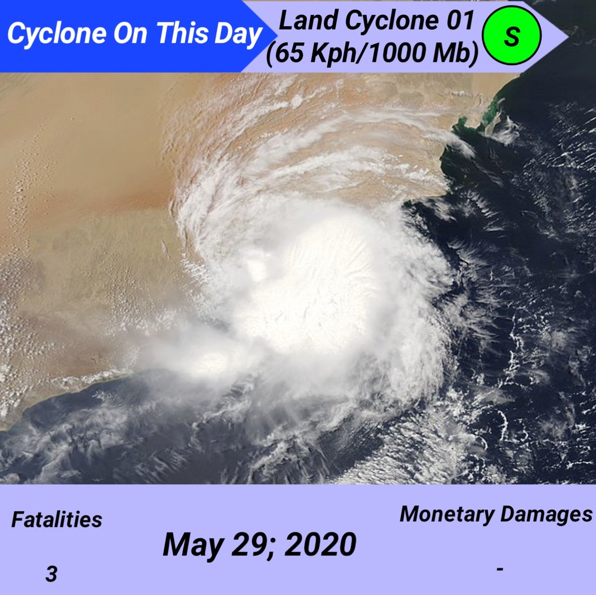 CycloneAnalyser's tweet photo. #COTD 
On This Day a extremely rare occurrence Land Cyclone #01 peaked over #Oman coast became the 1st one there &amp; earliest formation of a Land Cyclone by climatologicaly in NIO,it caused flooding rain in the country with rain peaking 1055 mm in #Mirbat causing flashflood. https://t.co/QnDLTbiEzI