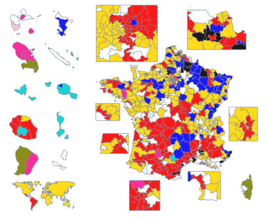 Projection carte des circos avec sondages Harris et Cluster17. [Situation du 29mai] #legislatives2022 81 circos sont particulièrement indécises. Réalisé avec candidatures définitives.