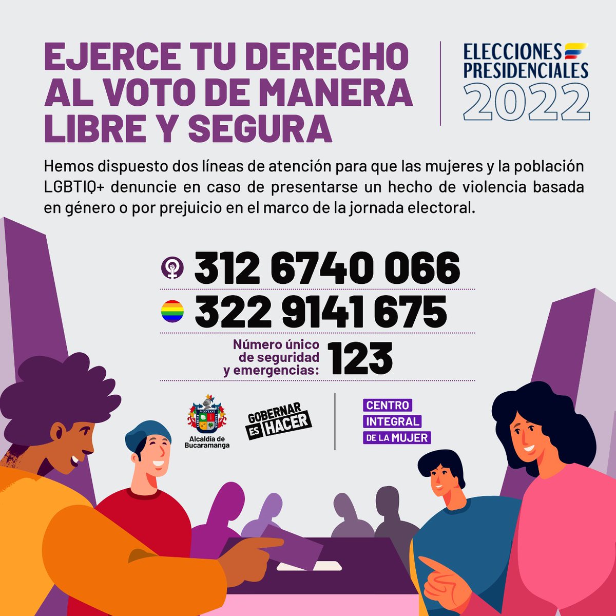 tacortes12's tweet photo. Hoy 29 de mayo es un día importante para la participación y la democracia.
Desde la @AlcaldiaBGA se han dispuesto las siguientes líneas telefónicas para que las mujeres y población sexualmente diversa puedan reportar situaciones que vulneren su derecho al voto. 
@DesarrolloBGA https://t.co/mORFqQJ2UI