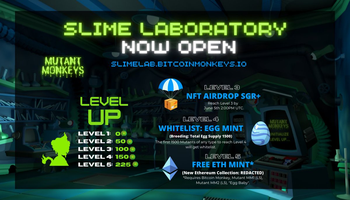 BTCMonkeys's tweet photo. 🎉 SLIME LABORATORY NOW OPEN 🎉

It's time to Level Up your Mutant Monkeys! 
Level Up and earn exclusive rewards and unlocks! 🔥

👉 https://t.co/tzNvDvrwZH https://t.co/EhZqGEiB60