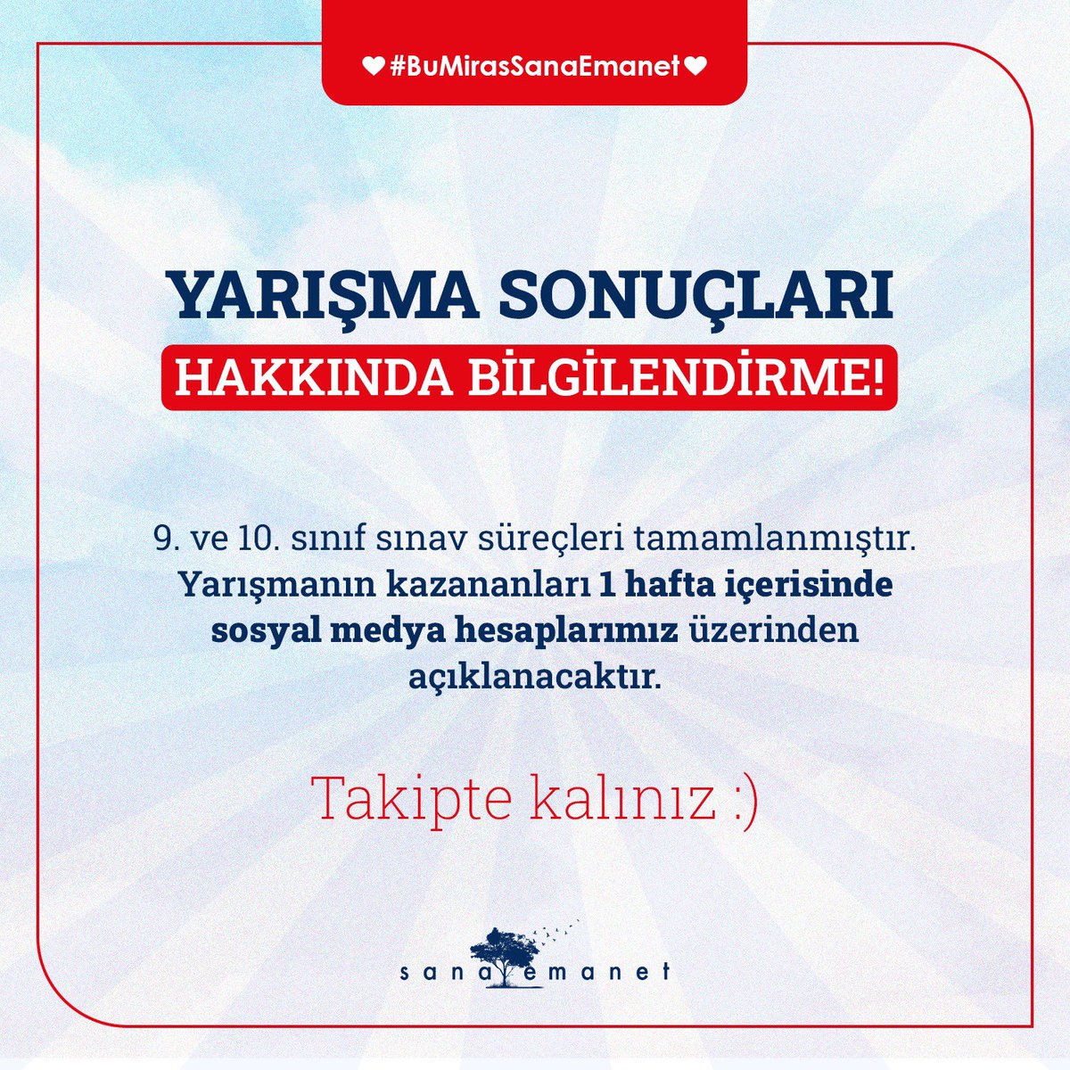 EnsarVakfi's tweet photo. DUYURU! 📣📣

Sana Emanet Bilgi Yarışması tüm kategori sınavları tamamlanmıştır. Yarışmanın kazananları 1 hafta içerisinde sosyal medya hesaplarımız üzerinden açıklanacaktır. ��

Sosyal medya hesaplarımızı takipte kalınız. 🎉 https://t.co/aaaeWBGNMl