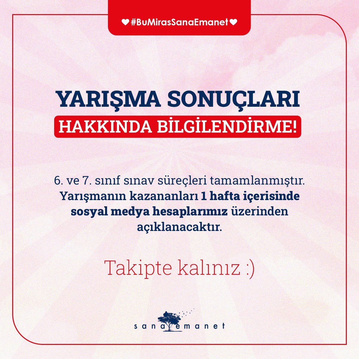 EnsarVakfi's tweet photo. DUYURU! 📣📣

Sana Emanet Bilgi Yarışması tüm kategori sınavları tamamlanmıştır. Yarışmanın kazananları 1 hafta içerisinde sosyal medya hesaplarımız üzerinden açıklanacaktır. ��

Sosyal medya hesaplarımızı takipte kalınız. 🎉 https://t.co/aaaeWBGNMl