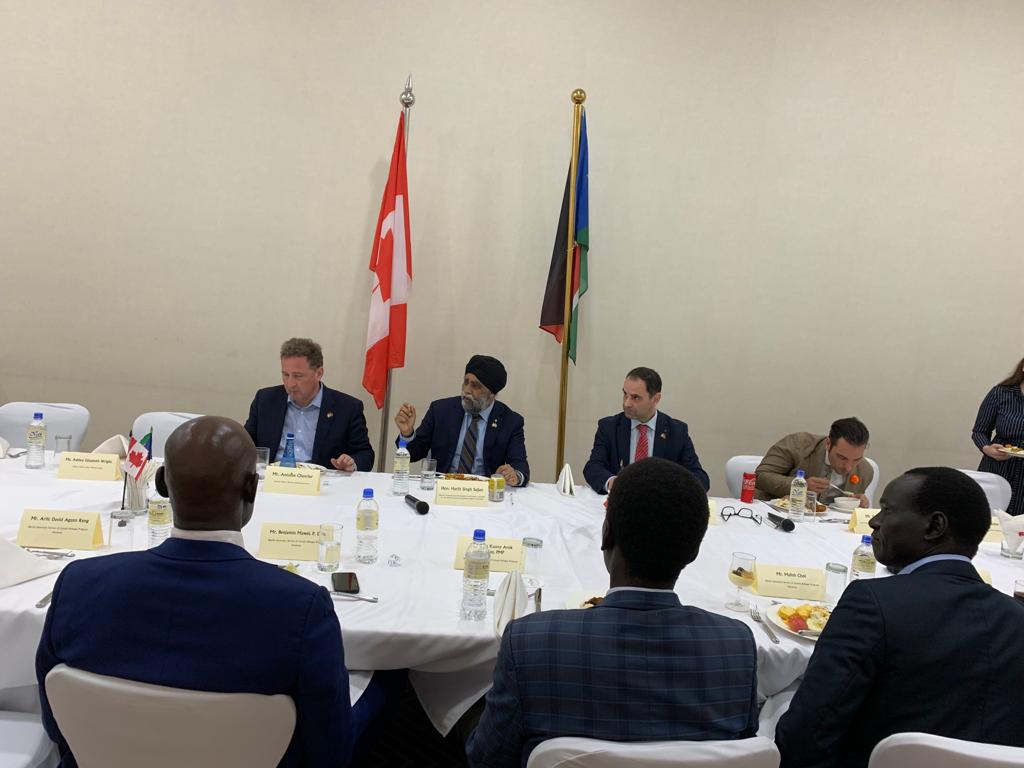 CanSouthSudan's tweet photo. @HarjitSajjan hosted a lunch with Canadian-South Sudanese Alumni from the @WUSC Student Refugee Program at Pyramid Hotel. Many of the @WUSC alumni after having studied in Canada returned to ๐ธ๐ธ & now play important roles in various sectors (ICT, agric, clean energy & mining). https://t.co/i53C1yXPg4