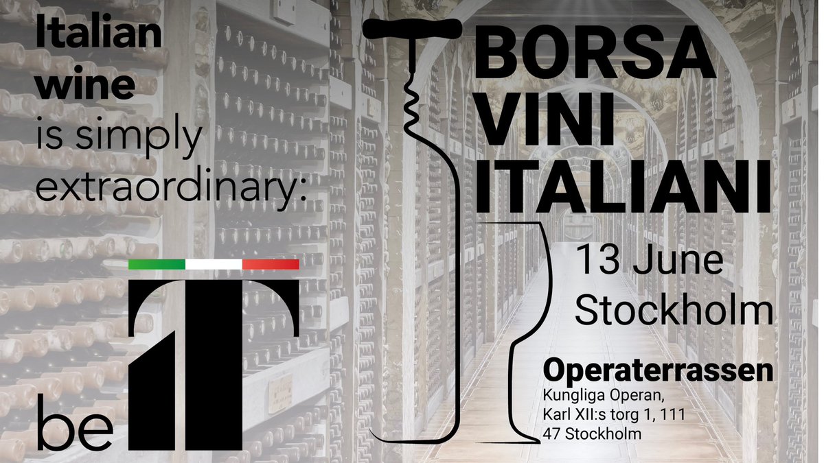 ITAStockholm's tweet photo. 🗓️SAVE THE DATE: 13th of June, #BorsaVini Italiani 🍷at Operaterrassen in #Stockholm!
Are you an importer, sommelier, wine journalist, or work in the HoReCa field?
If you want to know more about this #event visit https://t.co/lfv30G569W
#italinwine #winelover #winefair #beIT https://t.co/JENoRidUIF